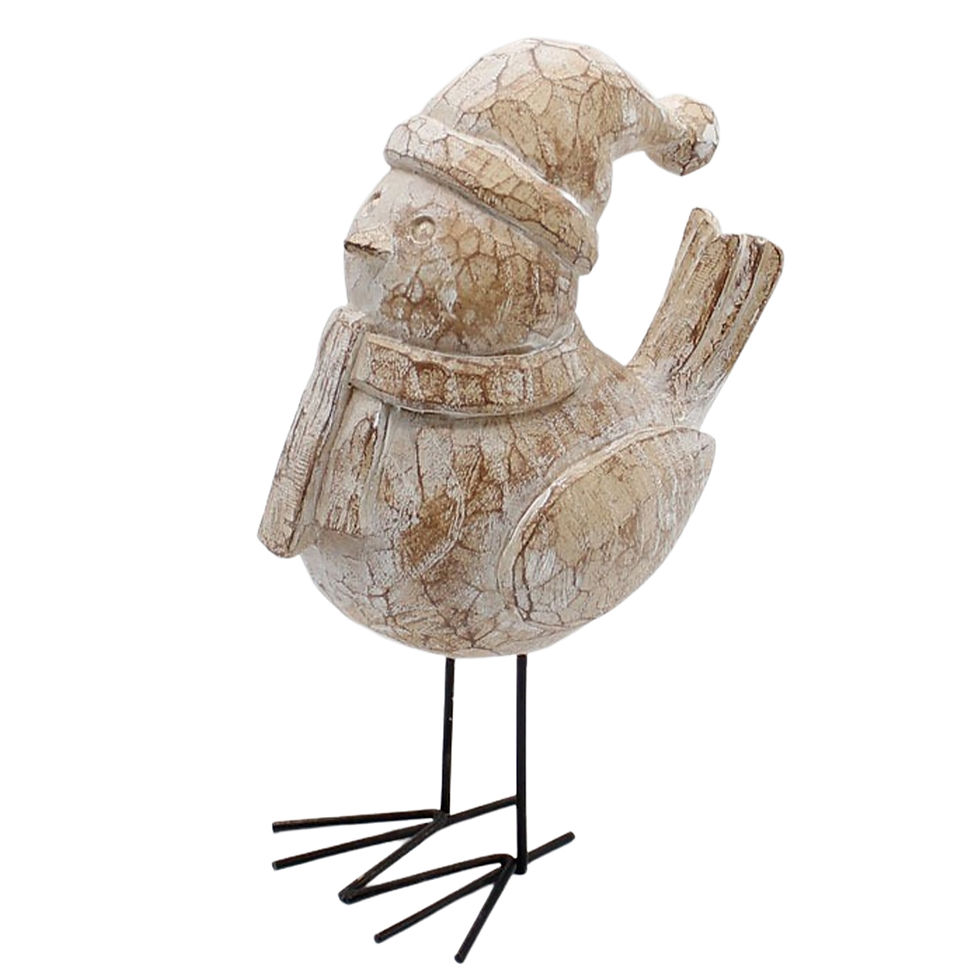 5”x3.25”x8” resin chickadee wearing scarf and sock hat, looks like carved wood. Long wire metal feet and legs