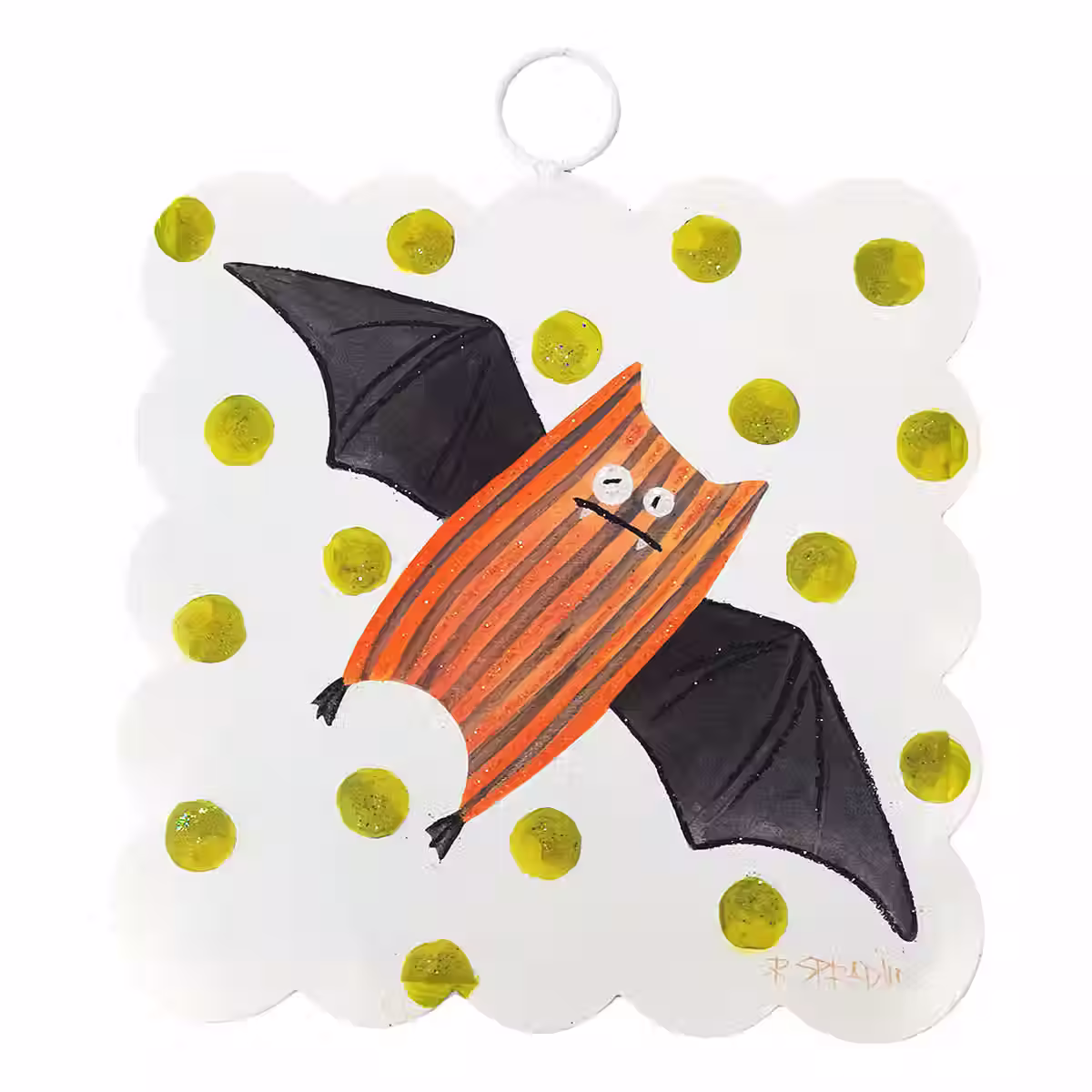6" x .5" x 7" Round Top Collection square metal sign with scalloped edges printed with a whimsical bat for Halloween