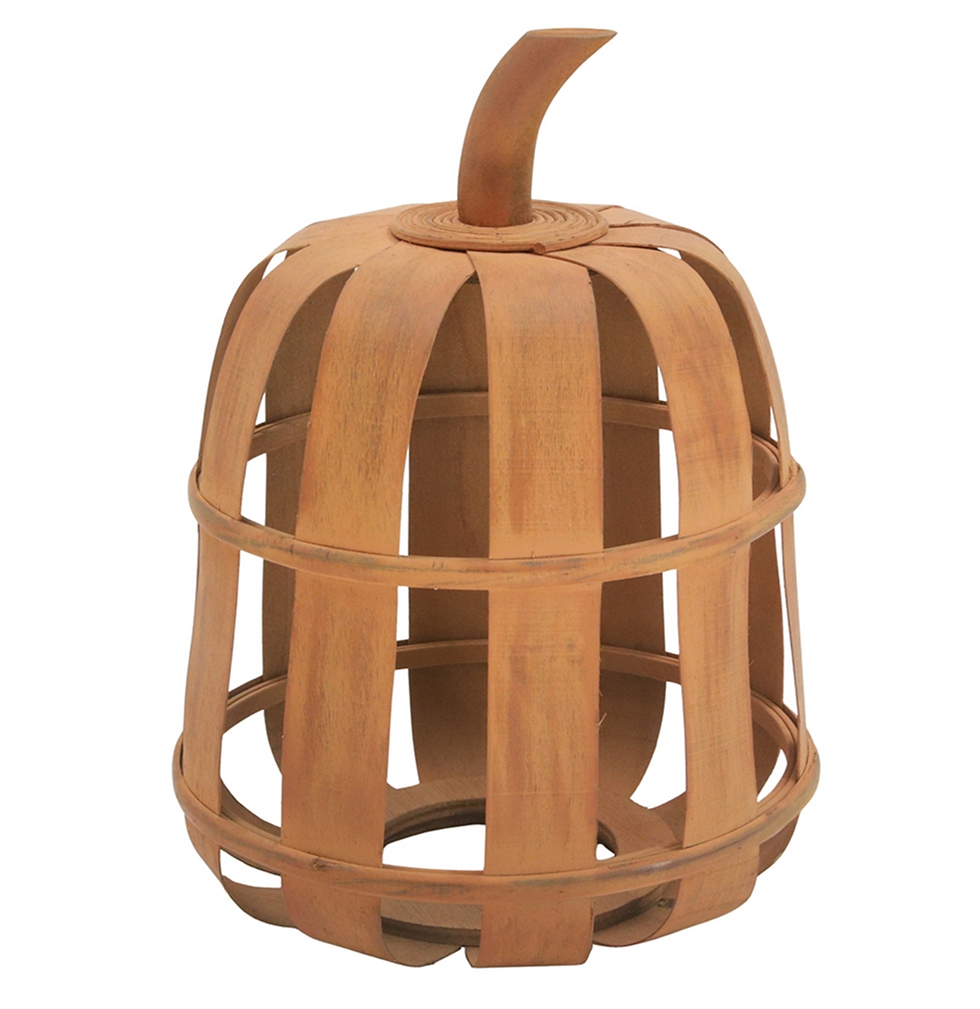 12" x 9" thin wood slat pumpkin in orange, wood stem, hole in bottom to insert a timer candle, fall decor