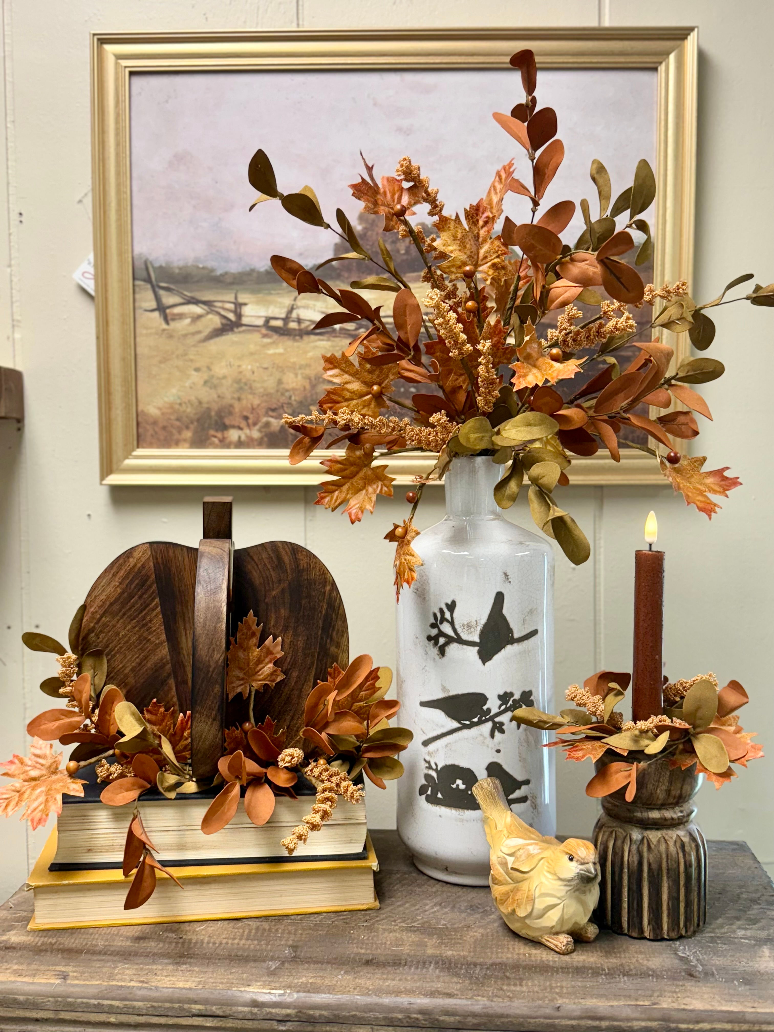 20" tall bush of fall florals in golden yellows, rich rusts & olive greens