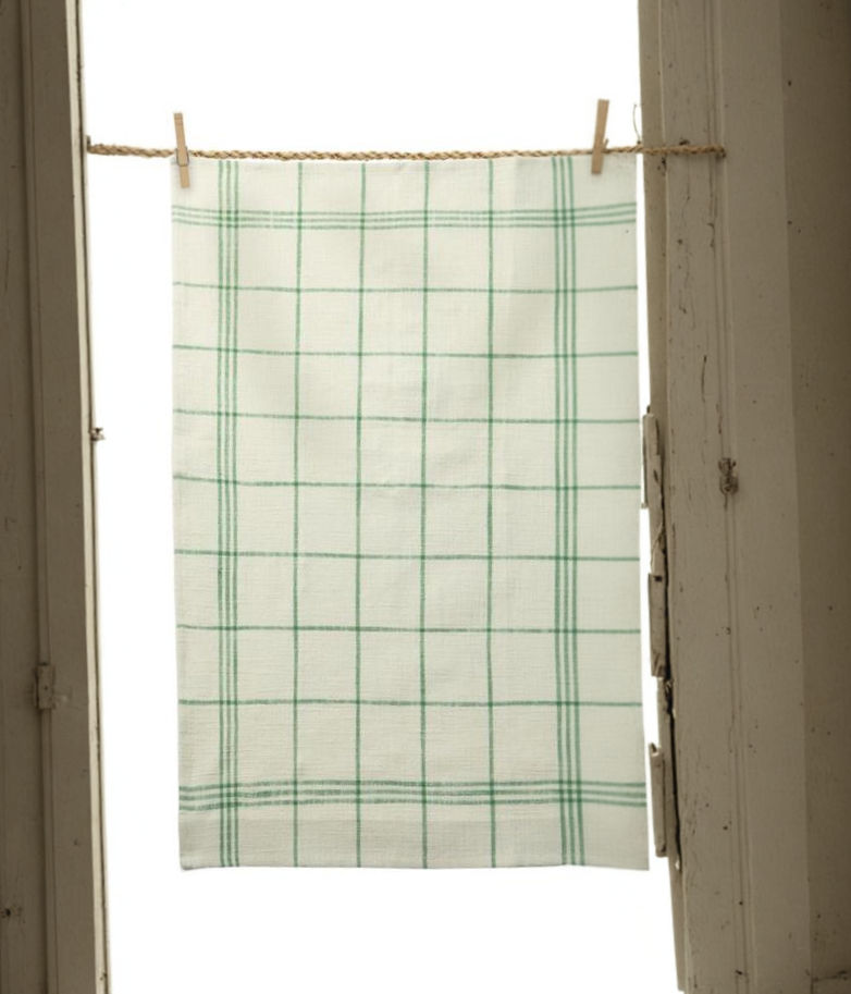 27" H x 17" W cotton towel, cream background with green windowpane plaid