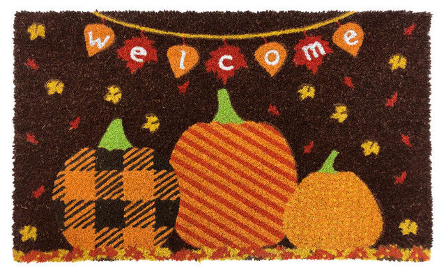 Coir entryway mat printed with pumpkins and a banner of leaves with welcome
