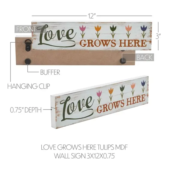 3" x 12" MDF block sign, white with a printed design of tulips & "Love grows here", sits or hangs with loops on back