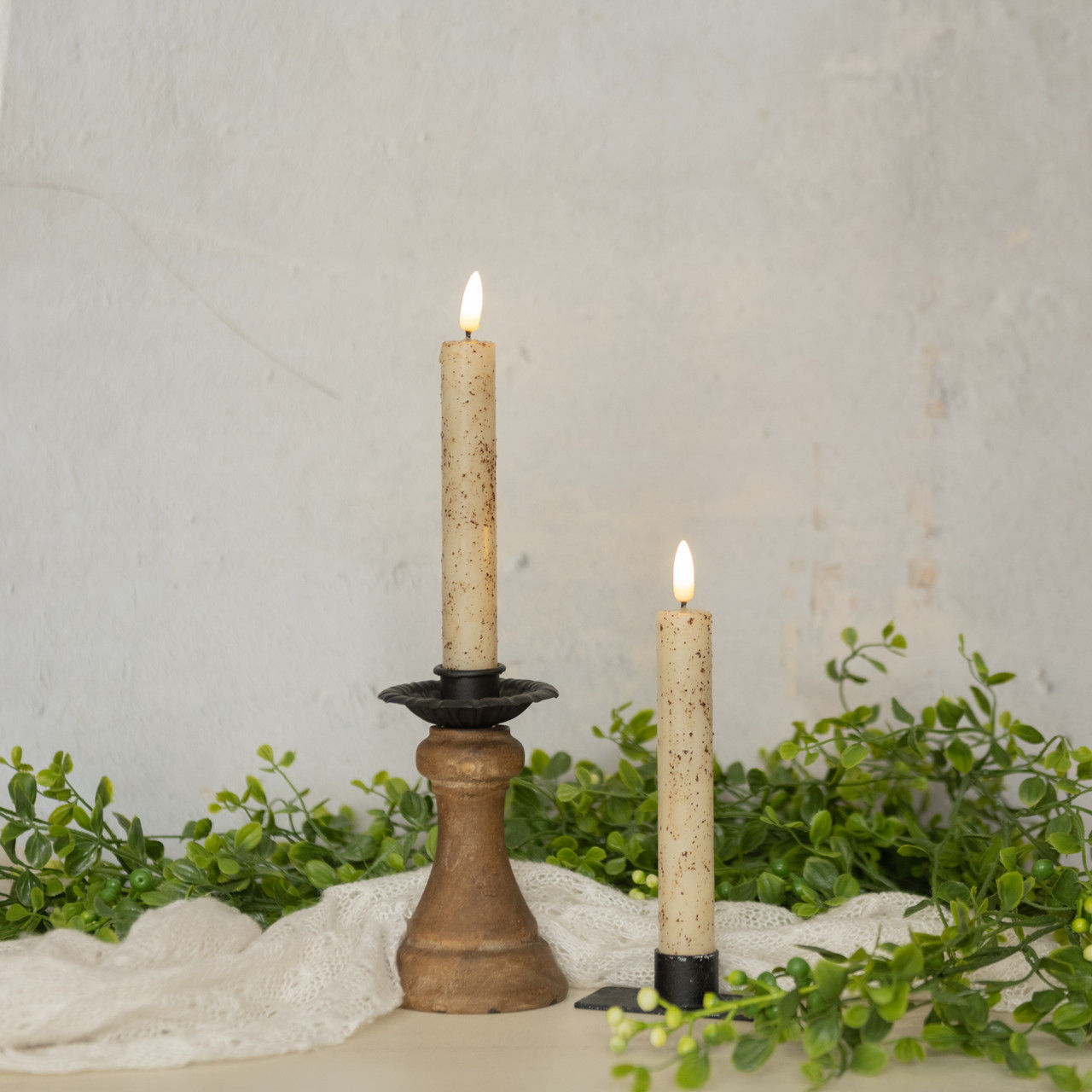 Set of 2 Cream Timer Tapers 7.25” 3D flame wax and plastic 6 HR TIMER | ON/OFF BUTTON REQUIRES 2 (AAA) BATTERIES