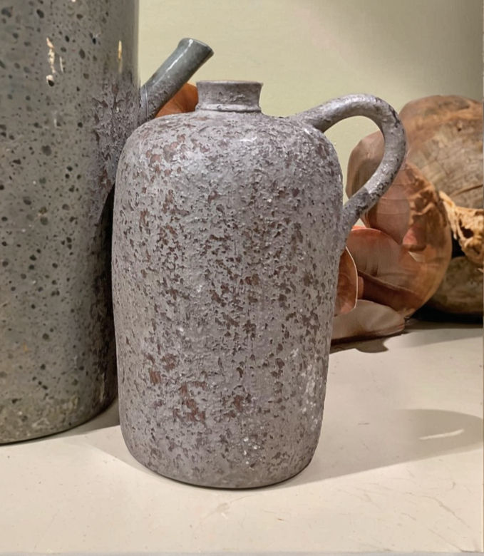 8" tall textured gray jug with handle, tabletop decor