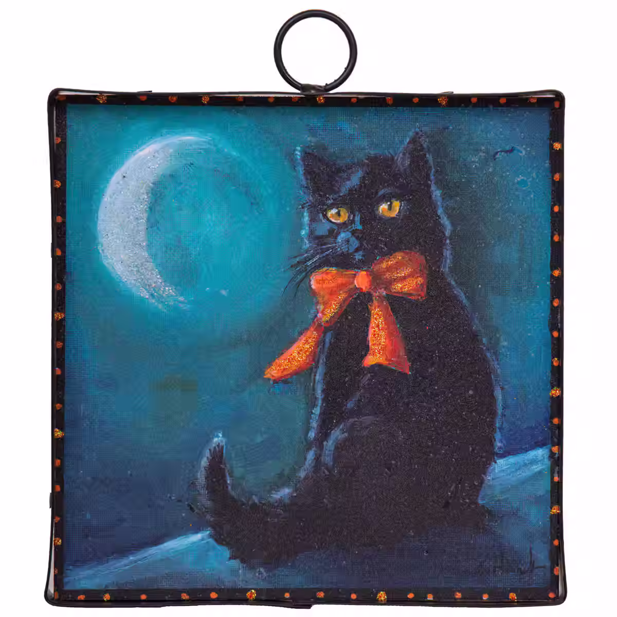 6" x 1" x 7" Round Top Collection print of a black cat wearing an orange bow sitting under the moon, black metal frame