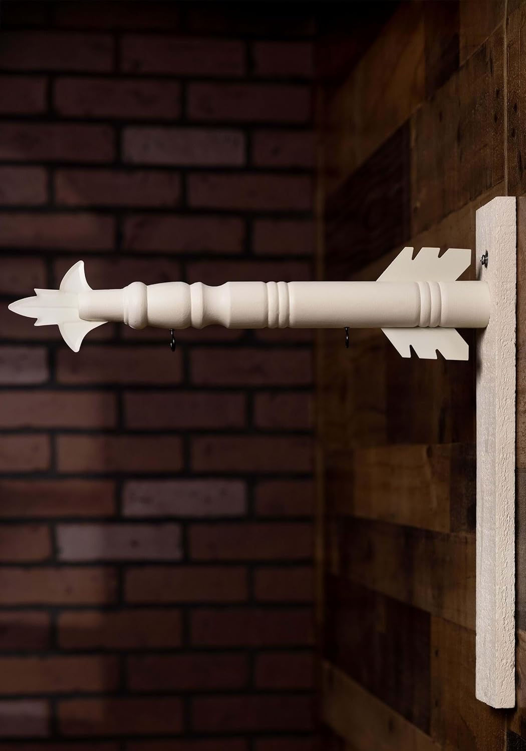 17.5" white wood arrow with white metal accents, 2 cup hooks, wood backplate for hanging, use to display K&K arrow hangers