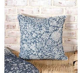 16" x 16" square cotton pillow, indigo blue background with creamy floral print, removable cover, flanged edges