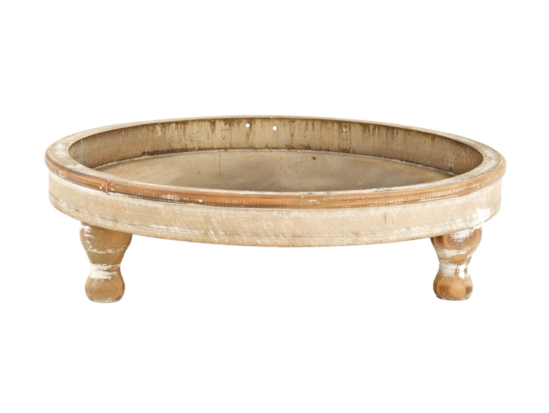 12.5" x 3.25" round wood tray on wood legs, use as a riser or pedestal for decor