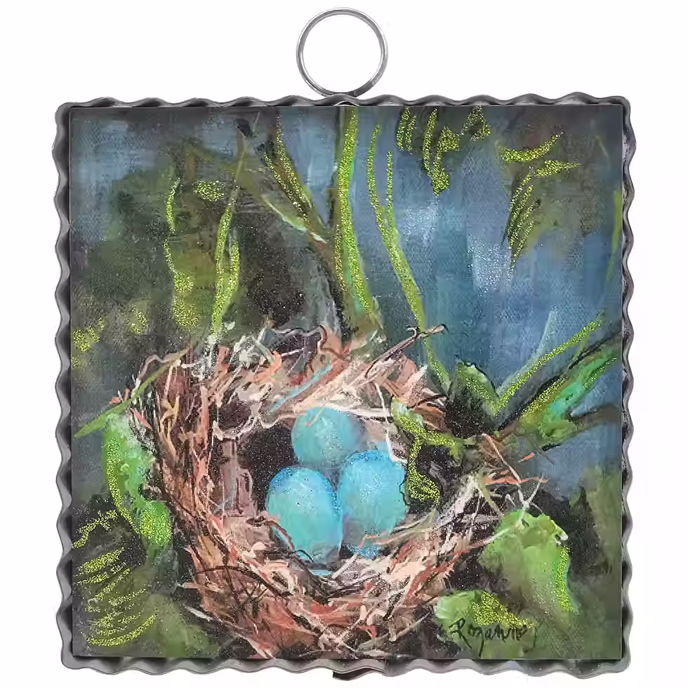 6" x 1" x 7" Round Top Collection print of foliage with a bird nest holding 3 blue eggs, corrugated metal frame
