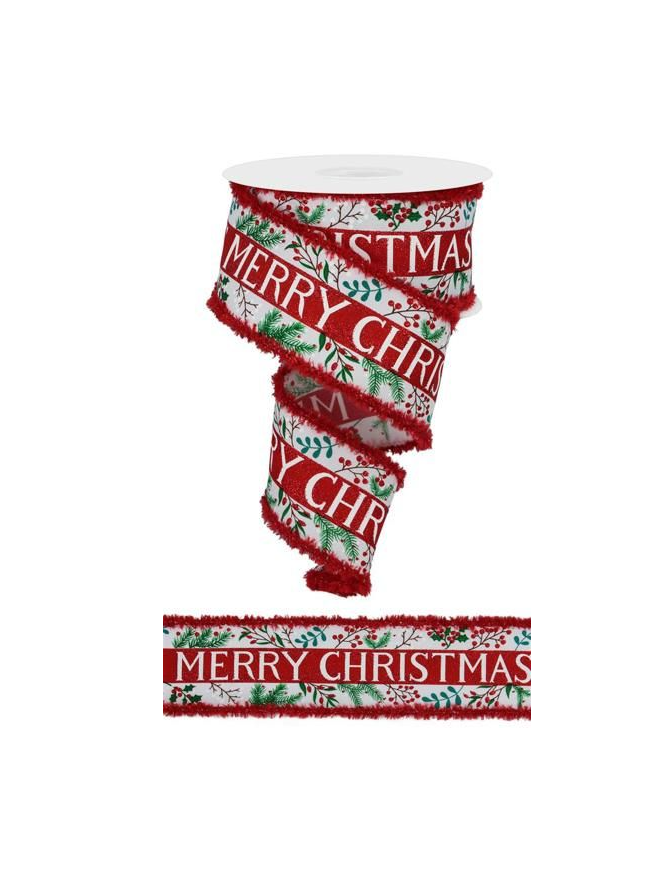 2.5" x 10 yards wired ribbon, Merry Christmas message, winter greens & berries, red tinsel edges, Christmas decor