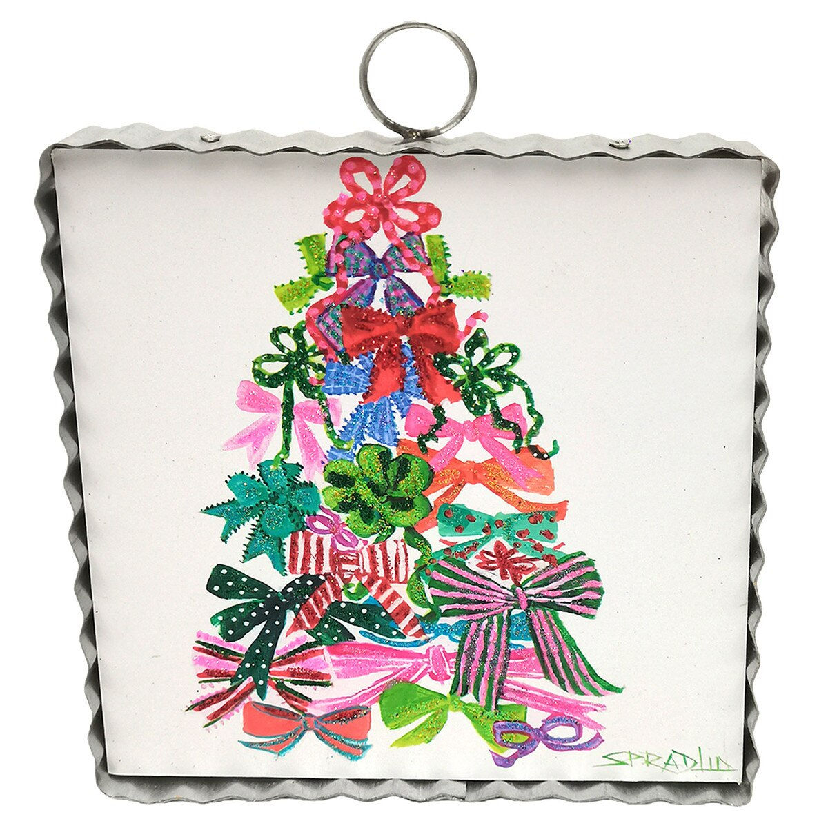 Round Top Collection Bow Tree Christmas decor with colorful bows and silver corrugated metal sides