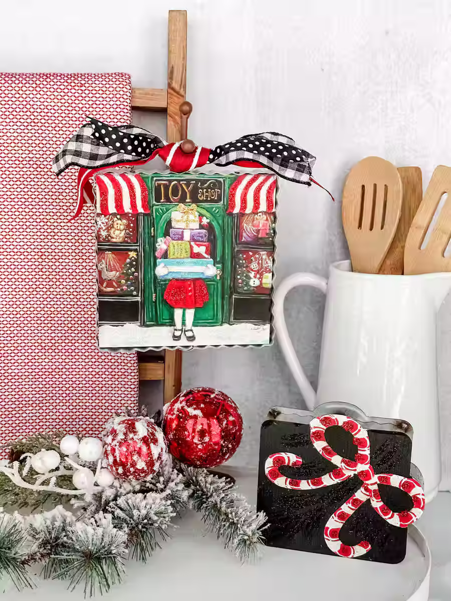 6" x 7" x 1" Round Top Collection print of a little girl holding Christmas presents, corrugated metal frame