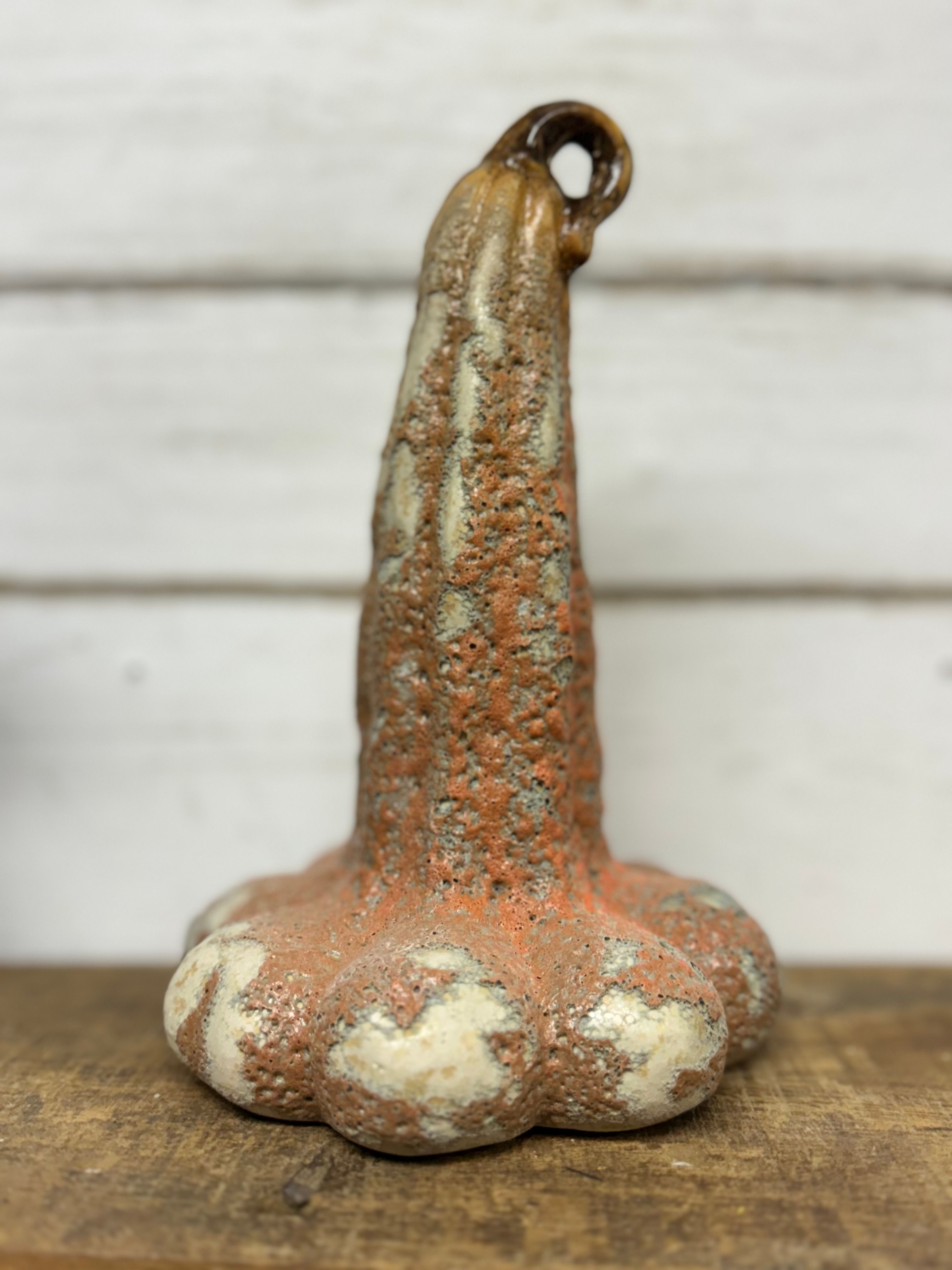4" dia x 7.25" H Stoneware gourd with a rustic textured finish, dark orange, green & brown