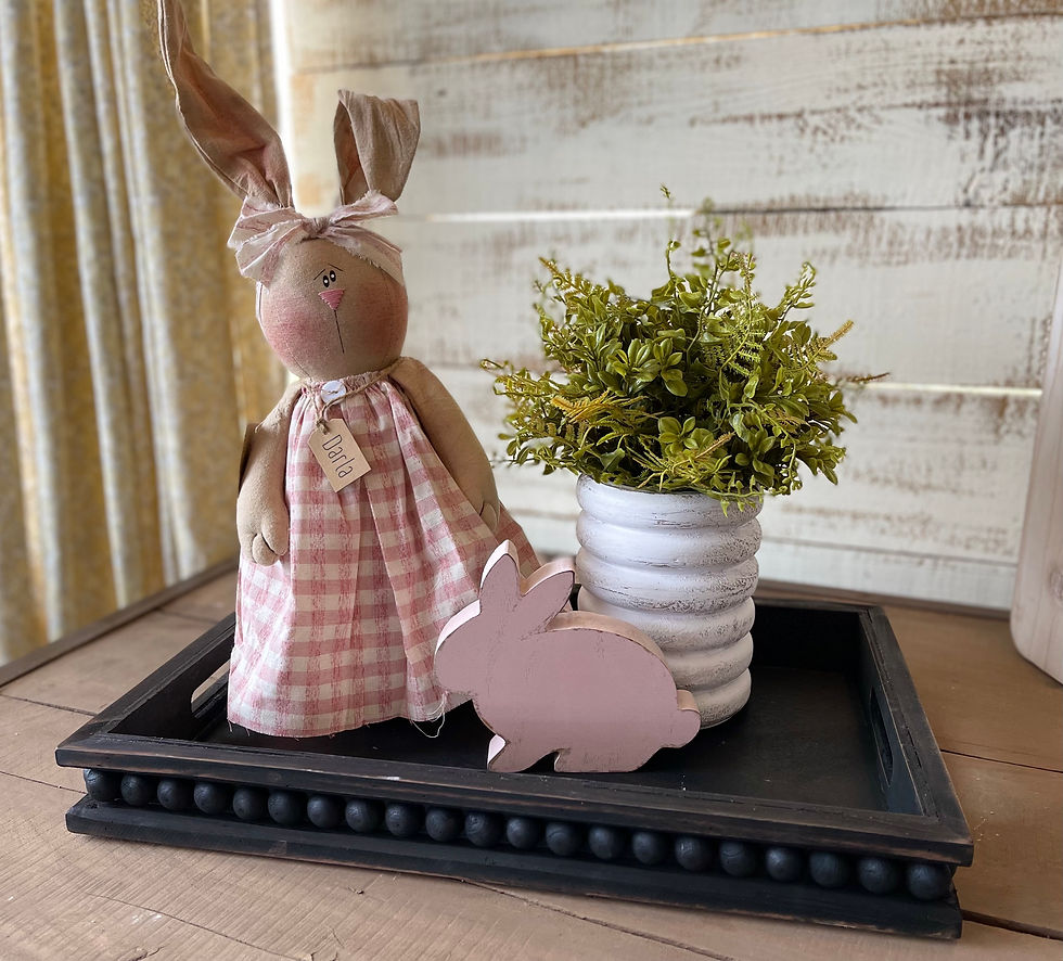 Thumbnail: Brown muslin bunny with wired poseable ears, hand painted face, pink striped hair bow pink checkered dress Honey & Me