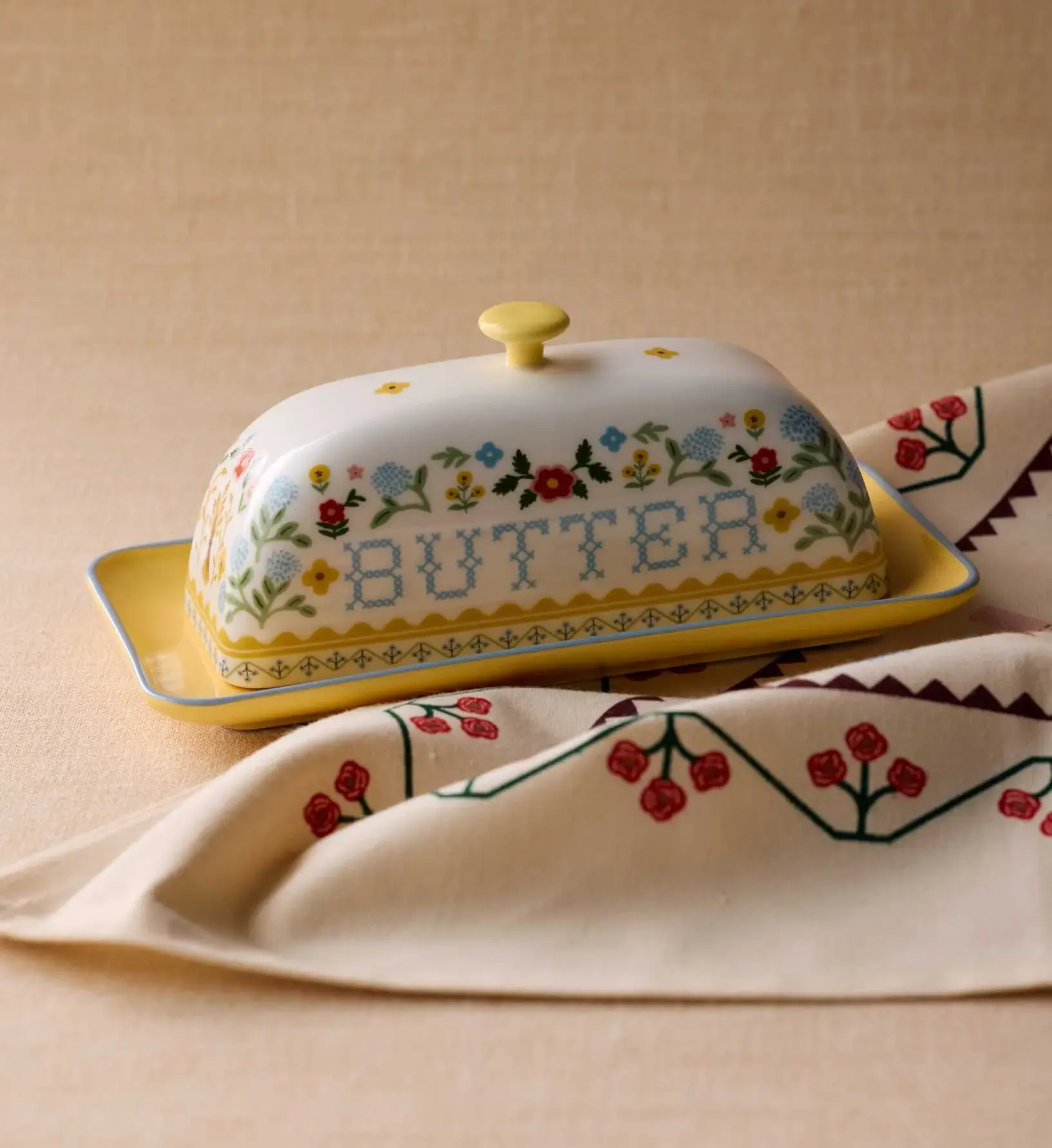 7.8" W × 4" L × 4.25" H Rifle Paper Co porcelain butter dish, Home Sweet Home illustrations in full color