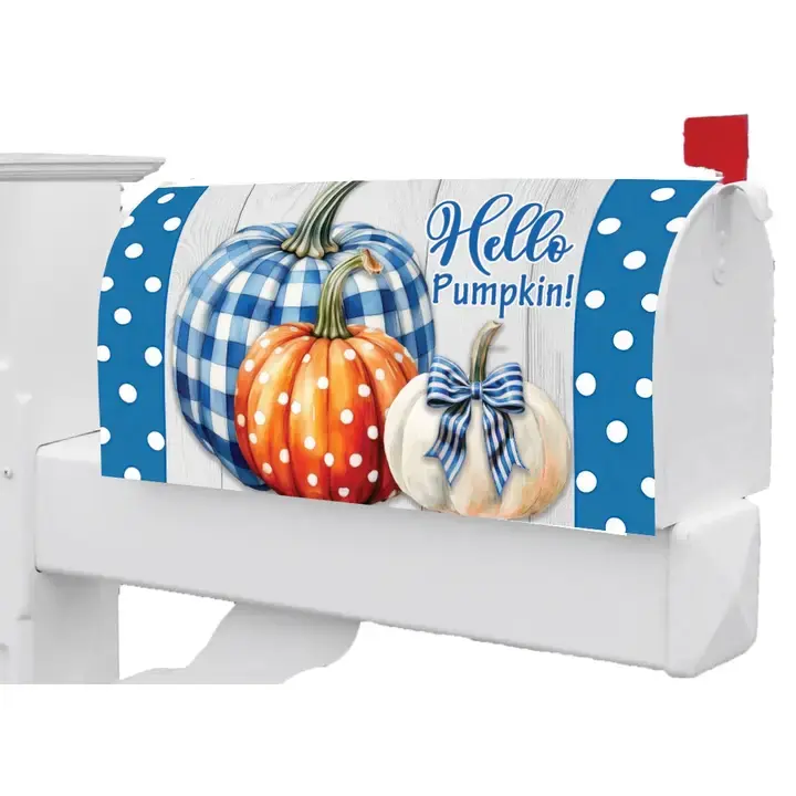 weather resistant vinyl mailbox cover, magnetic, fits standard size metal mailbox, blue & white pumpkins, "Hello pumpkin"