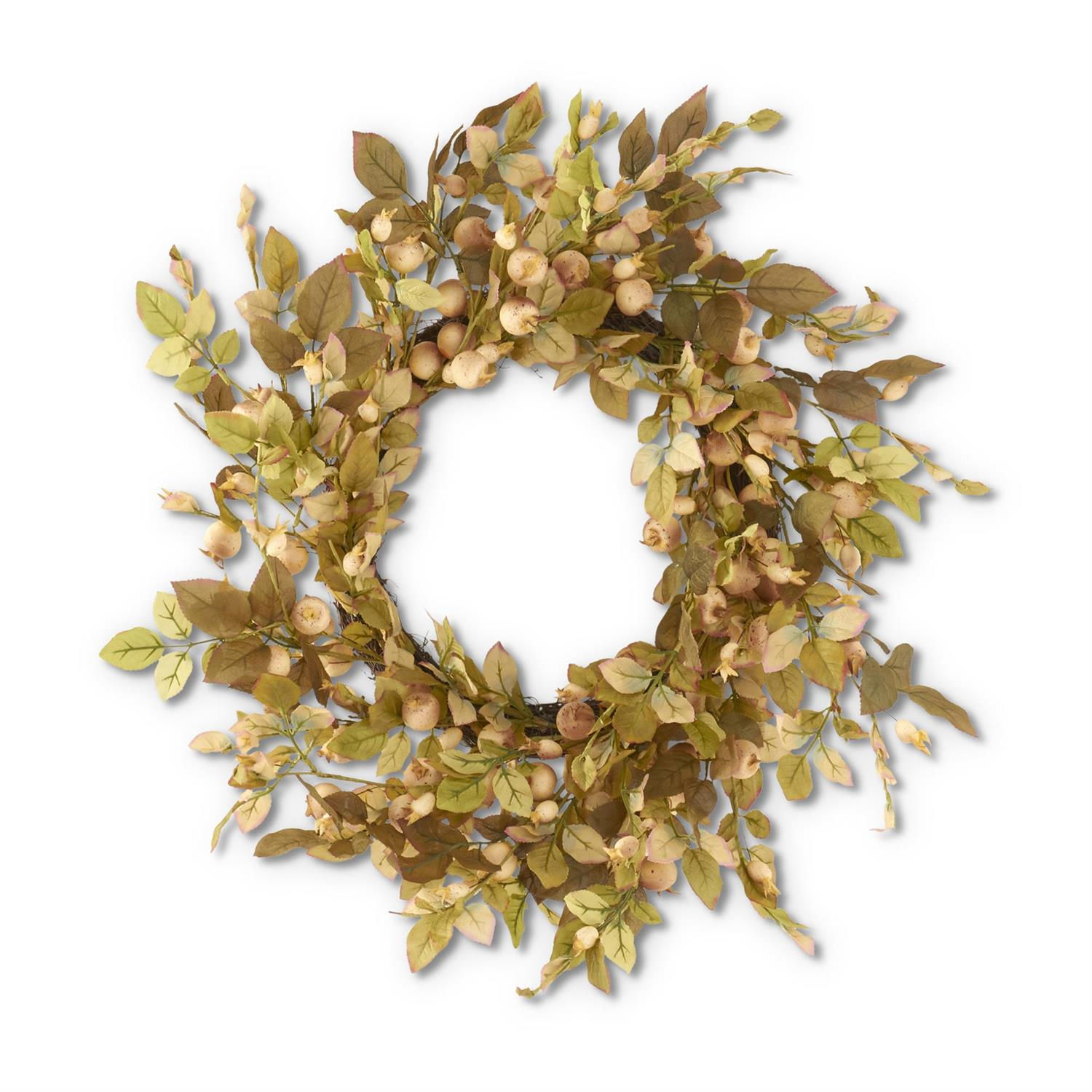 28" fall wreath, twig base, cream berries, olive green foliage