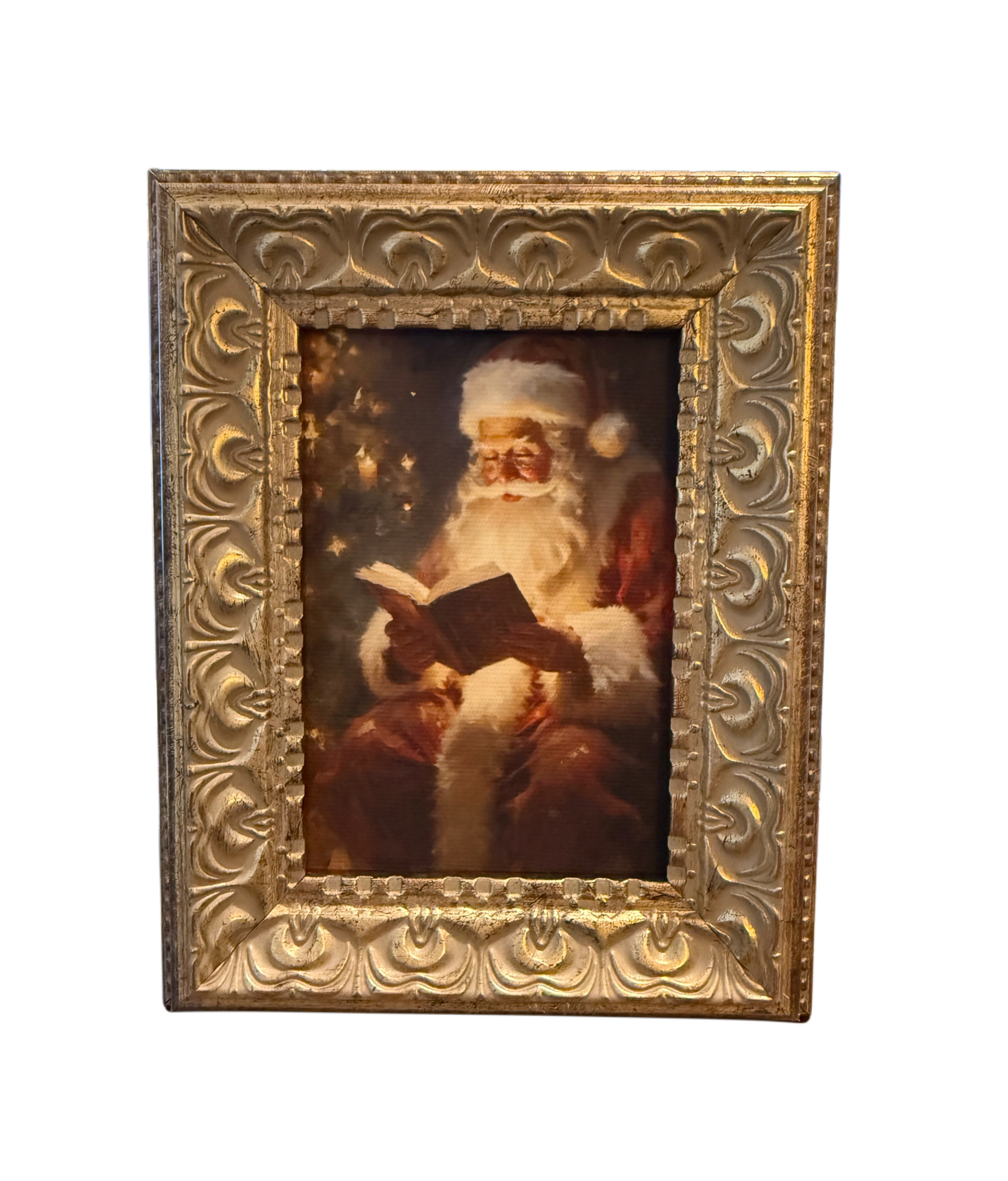 5 x 7 Santa Reading Christmas canvas print in a soft antique gold frame with easel back.