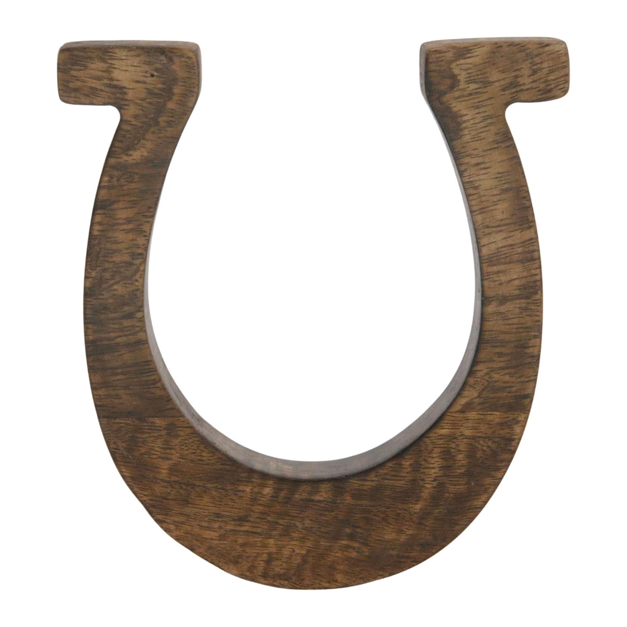 6" x 5.5" wooden horseshoe, can be hung on wall or sat on a shelf or tabletop