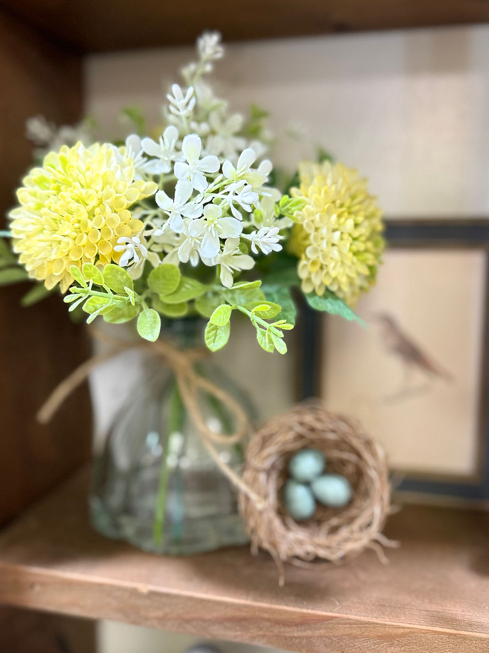 8.25" x 7.5" arrangement of 3 yellow chrysanthemums & foliage in a glass vase