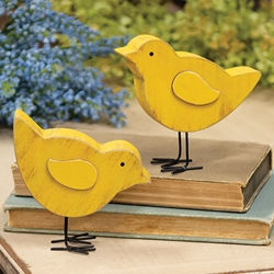 4" high by 4.25" wide by 1" deep yellow wooden chick with black wire legs, tabletop decor