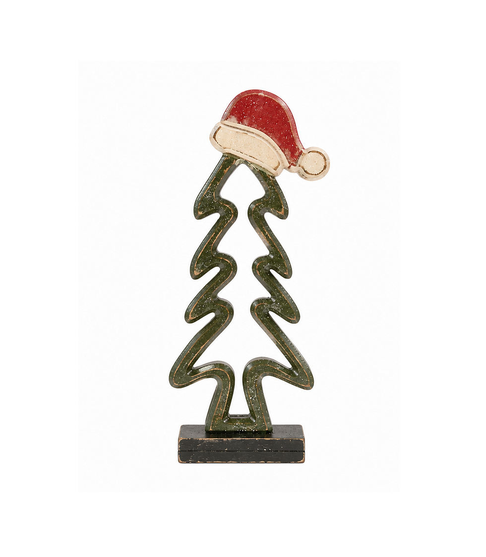 12.5 inch wood Christmas tree with deep green open design, glitter accents and red Santa hat.