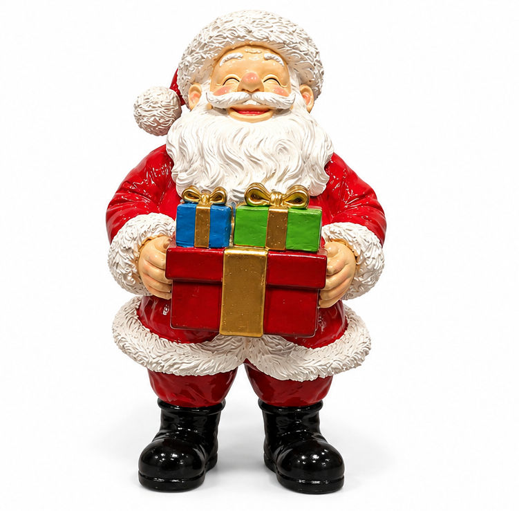 21 inch resin Santa figurine in red suit holding colorful Christmas gifts