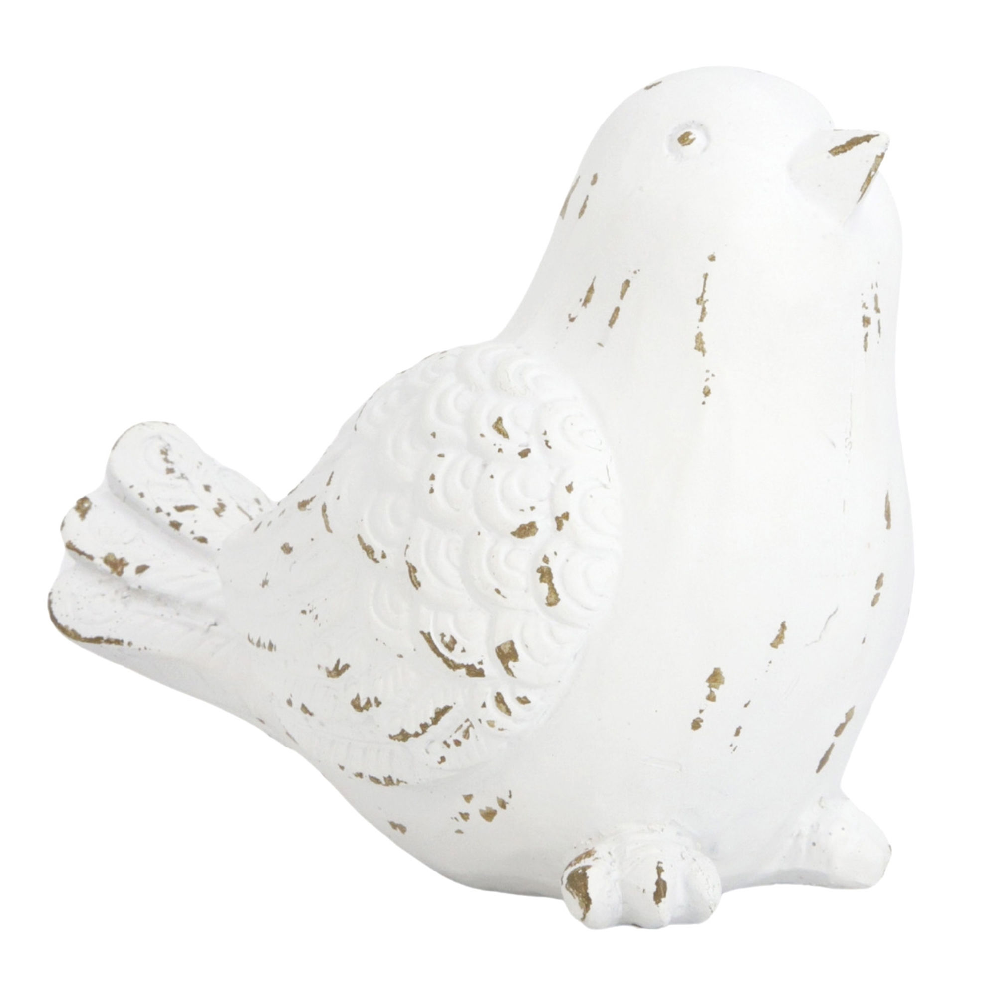 7" x 4" x 6" resin bird, white distressed, looks like carved wood, tabletop decor