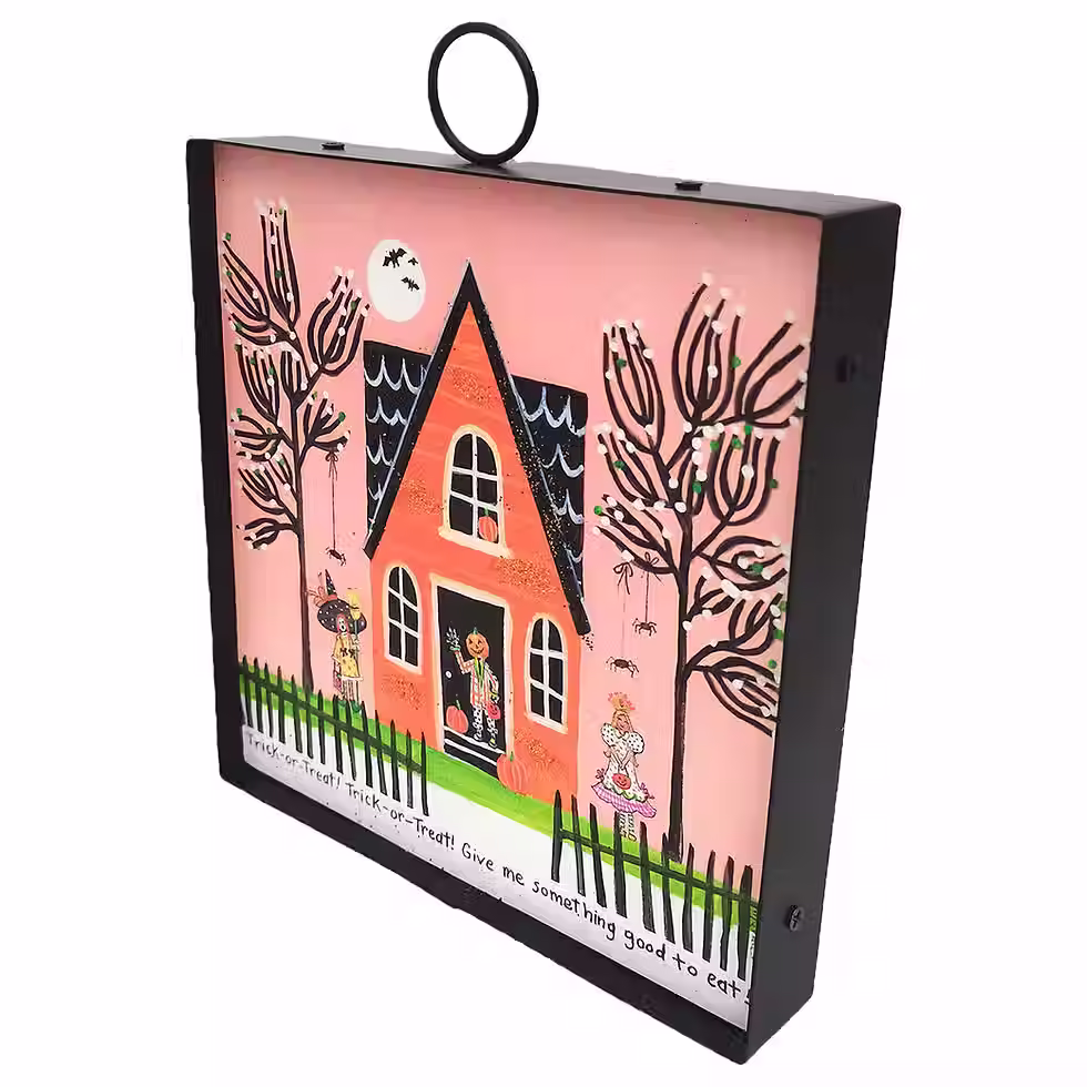 Thumbnail: 6" x 1" x 7 Round Top Collection print of a Halloween house & trick or treaters, black metal frame, loop on top