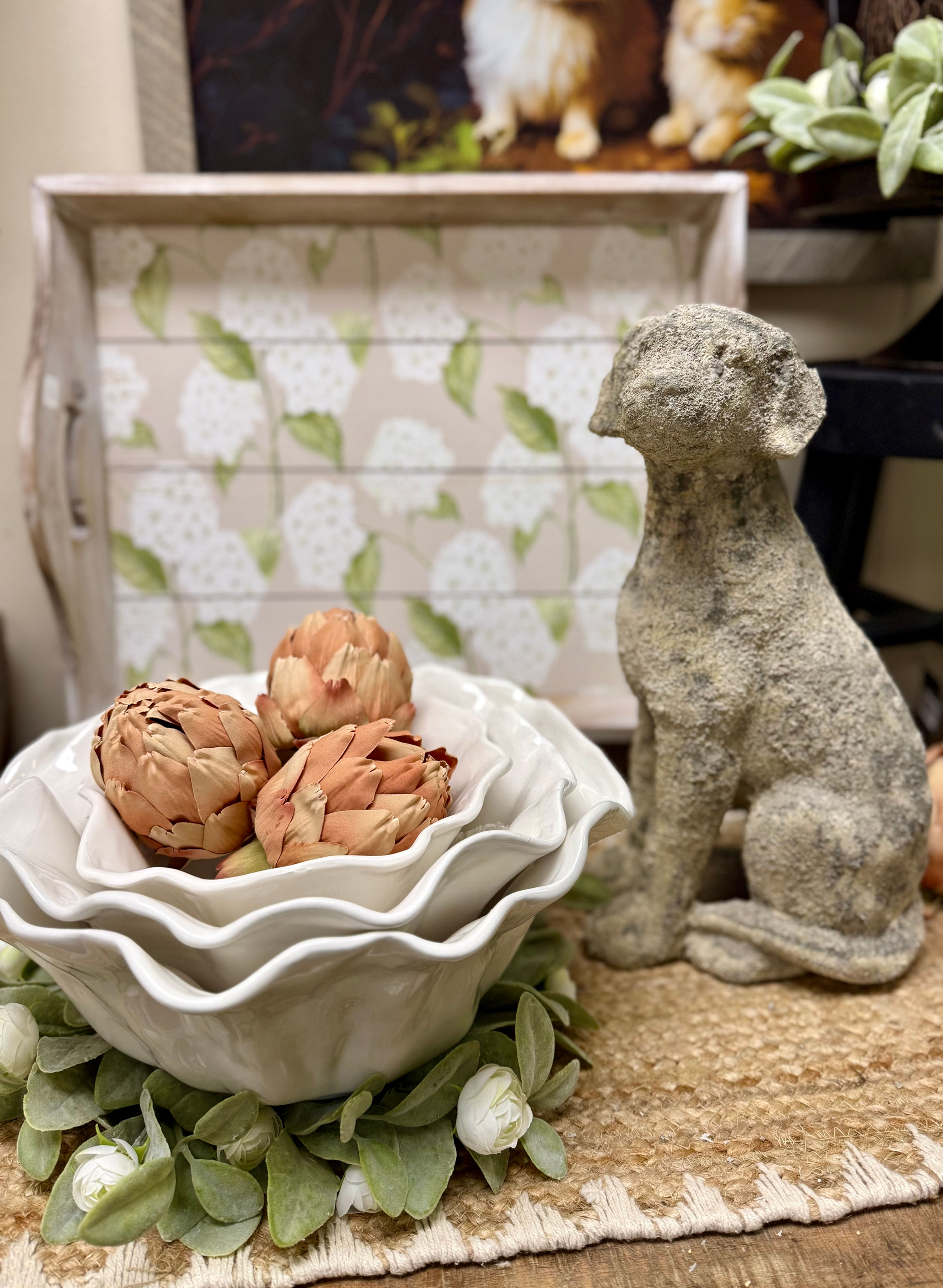 14.5"H x 8"W stoneware dog statue with heavy textured gray finish, looks like weathered stone