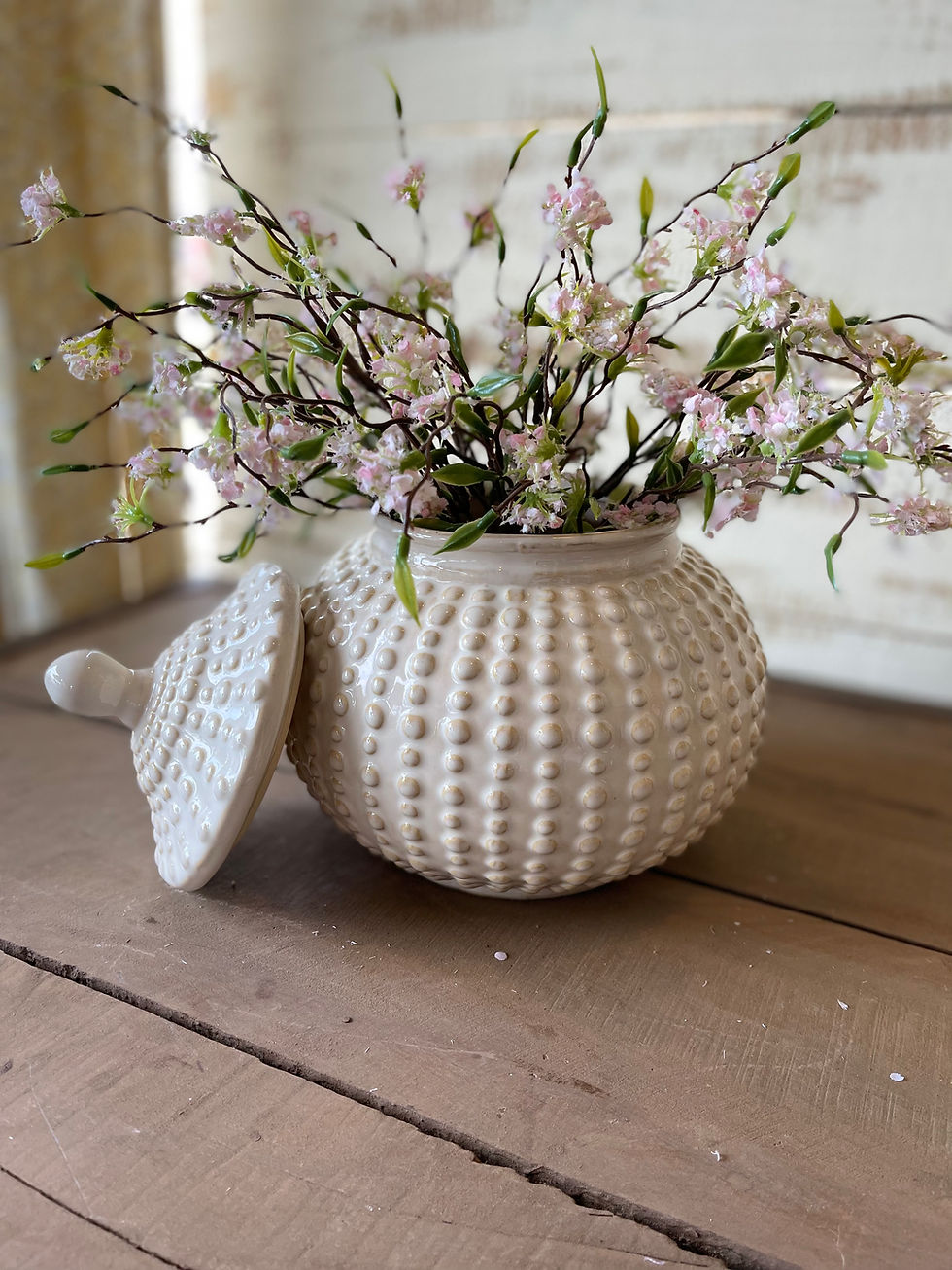 Thumbnail: Cream Dotted Glazed ceramic Jar with lid. 7.75 x 9 in