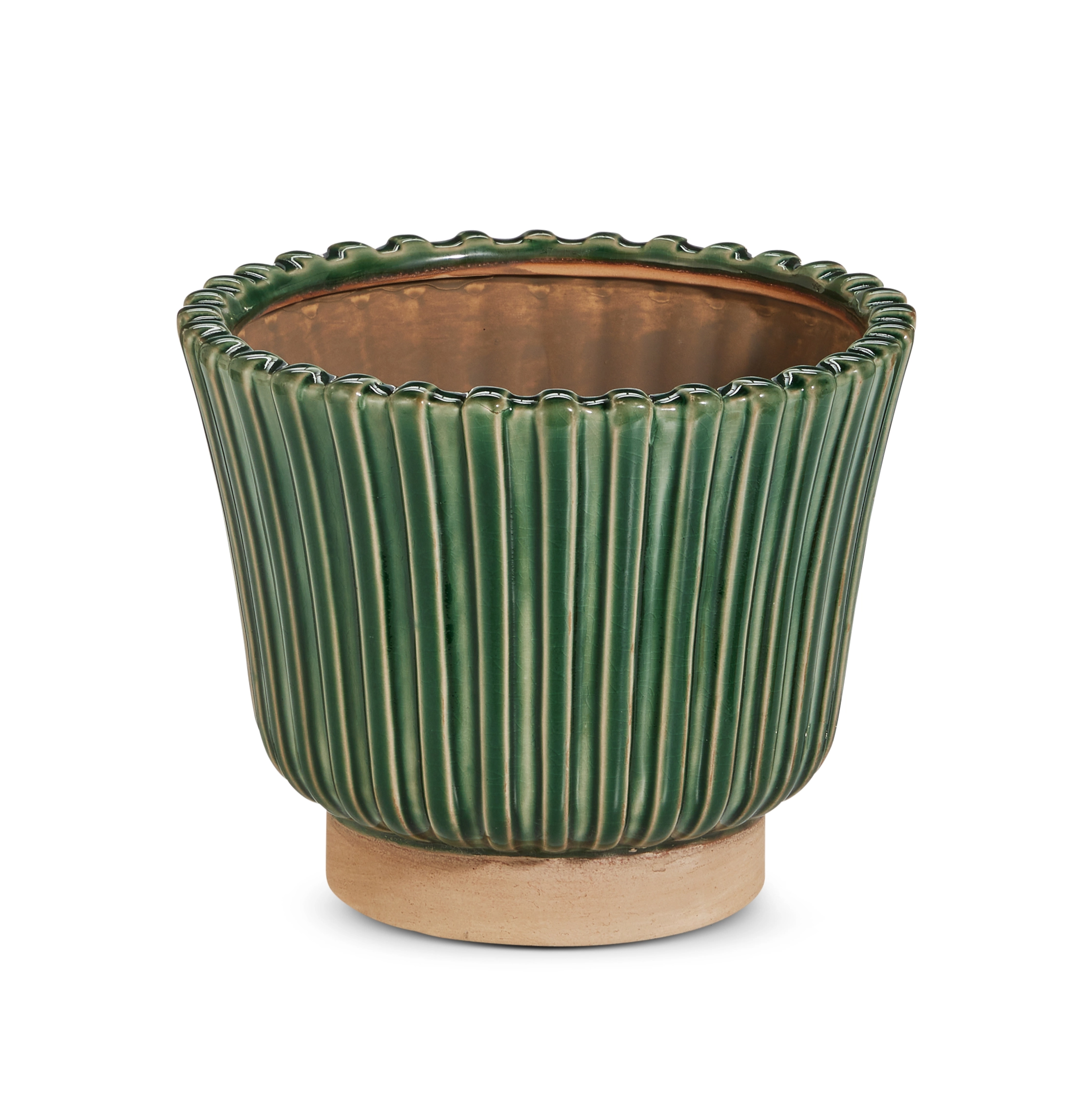 7.75"D x 6.5"H terracotta planter, fluted design, green glaze, water sealed