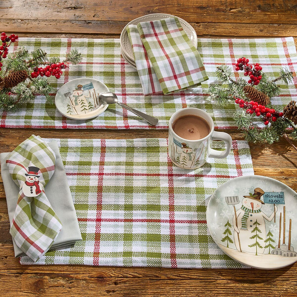 Snowman Plaid Table Runner 13" x 36", red, creamy white and green plaid, 100% cotton, winter decor
