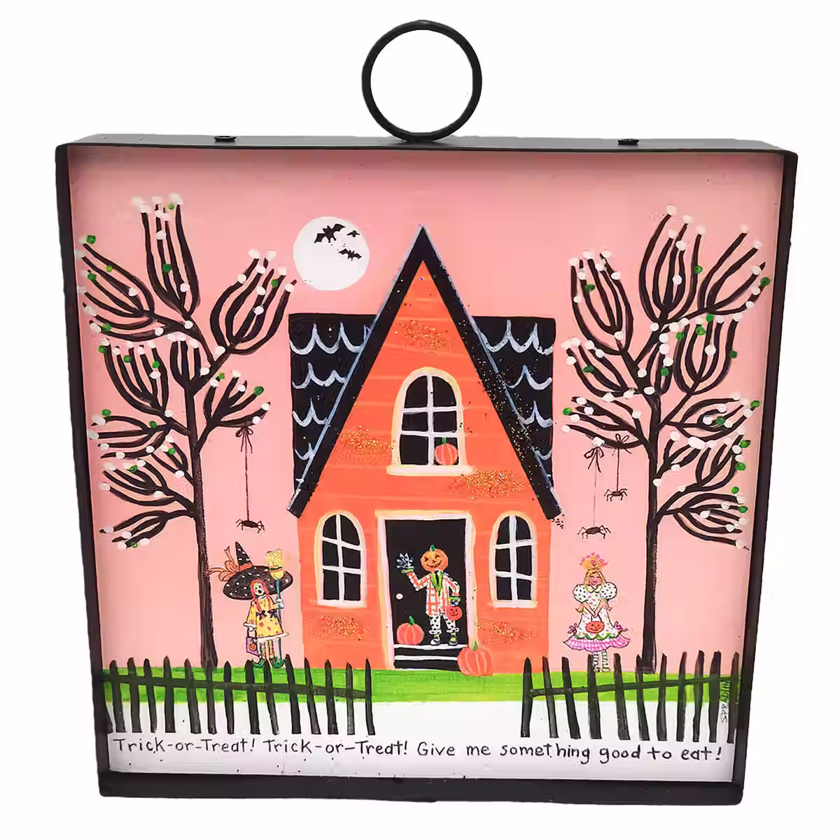 6" x 1" x 7 Round Top Collection print of a Halloween house & trick or treaters, black metal frame, loop on top