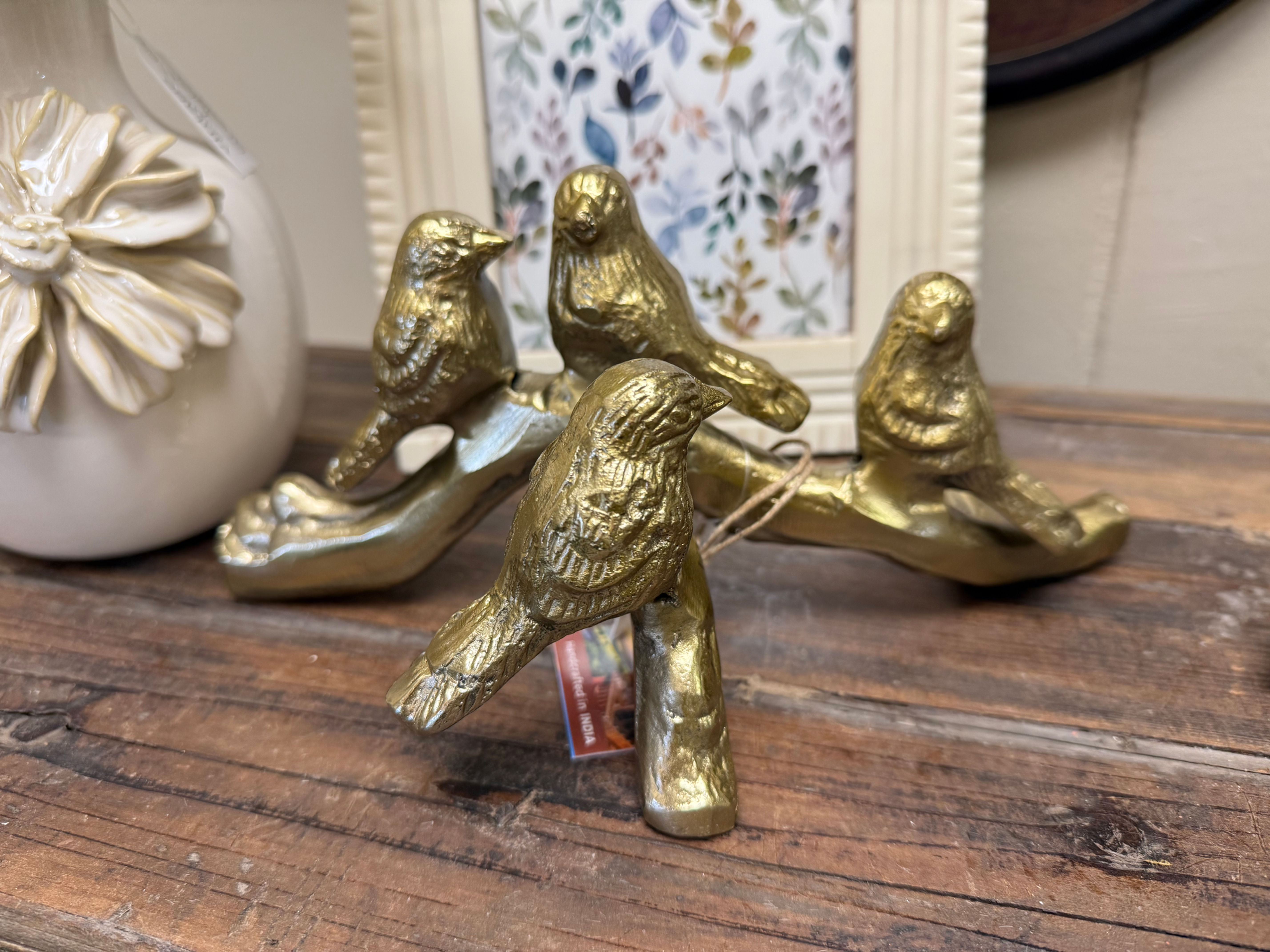 9.75" x 4" x 4.25" gold metal branch with 4 birds perched on it, tabletop decor