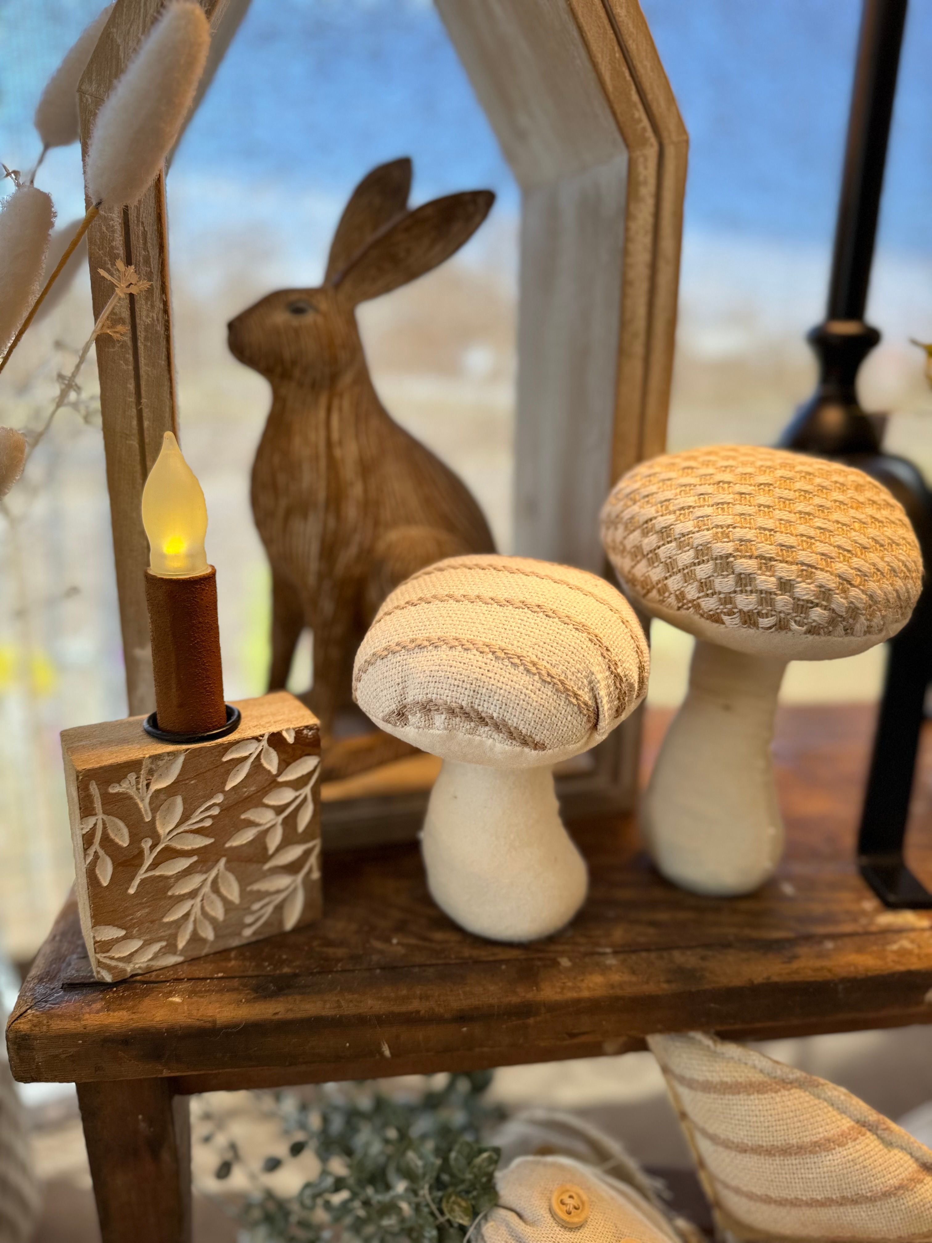 Set of 2 stuffed fabric mushrooms 4” x 7.5” & 4” x 6”, cream and tan, one has striped fabric, one has checked fabric