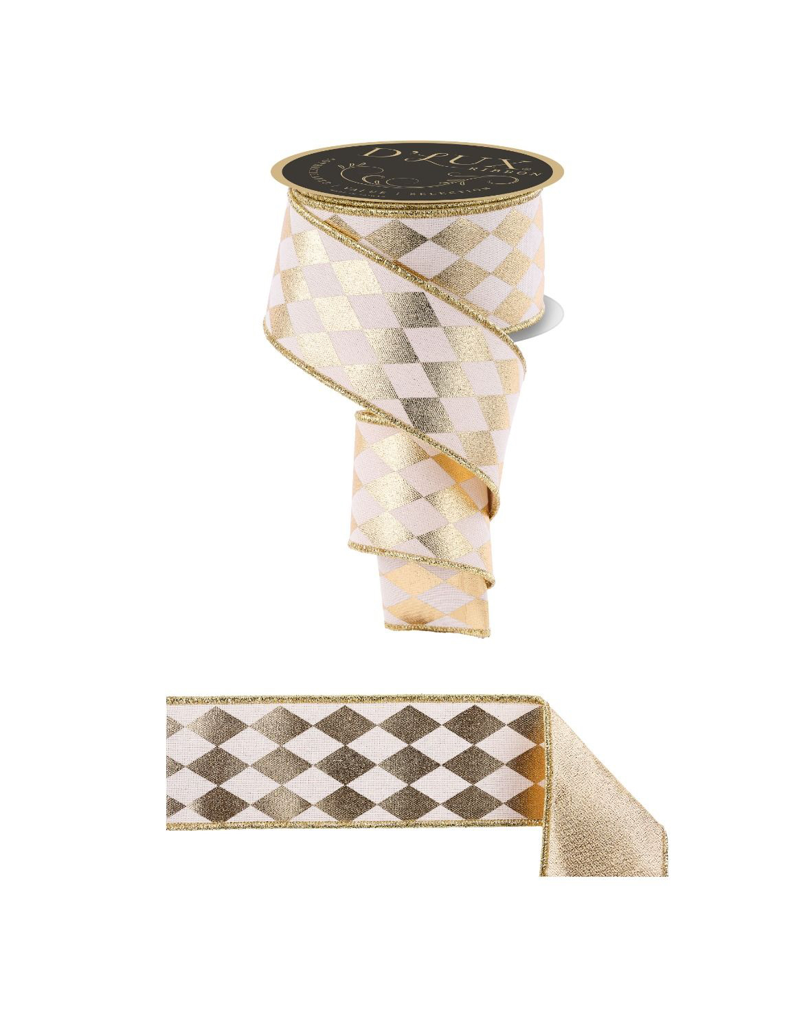 2.5 inch wired cream and metallic gold harlequin Christmas ribbon with fused gold reverse, 10 yard roll.