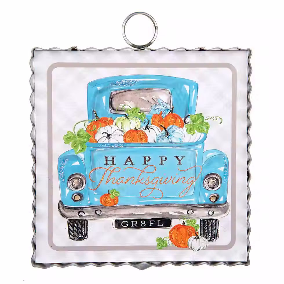6" x 1" x 7" Round Top Collection print of a blue truck full of pumpkins, corrugate metal frame, ring on top for hanging