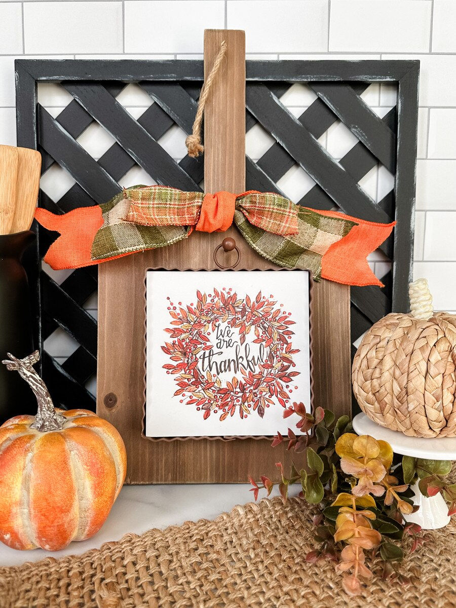 6" x 1" x 7" Round Top Collection print of a fall wreath with "we are thankful" written inside, corrugated metal frame