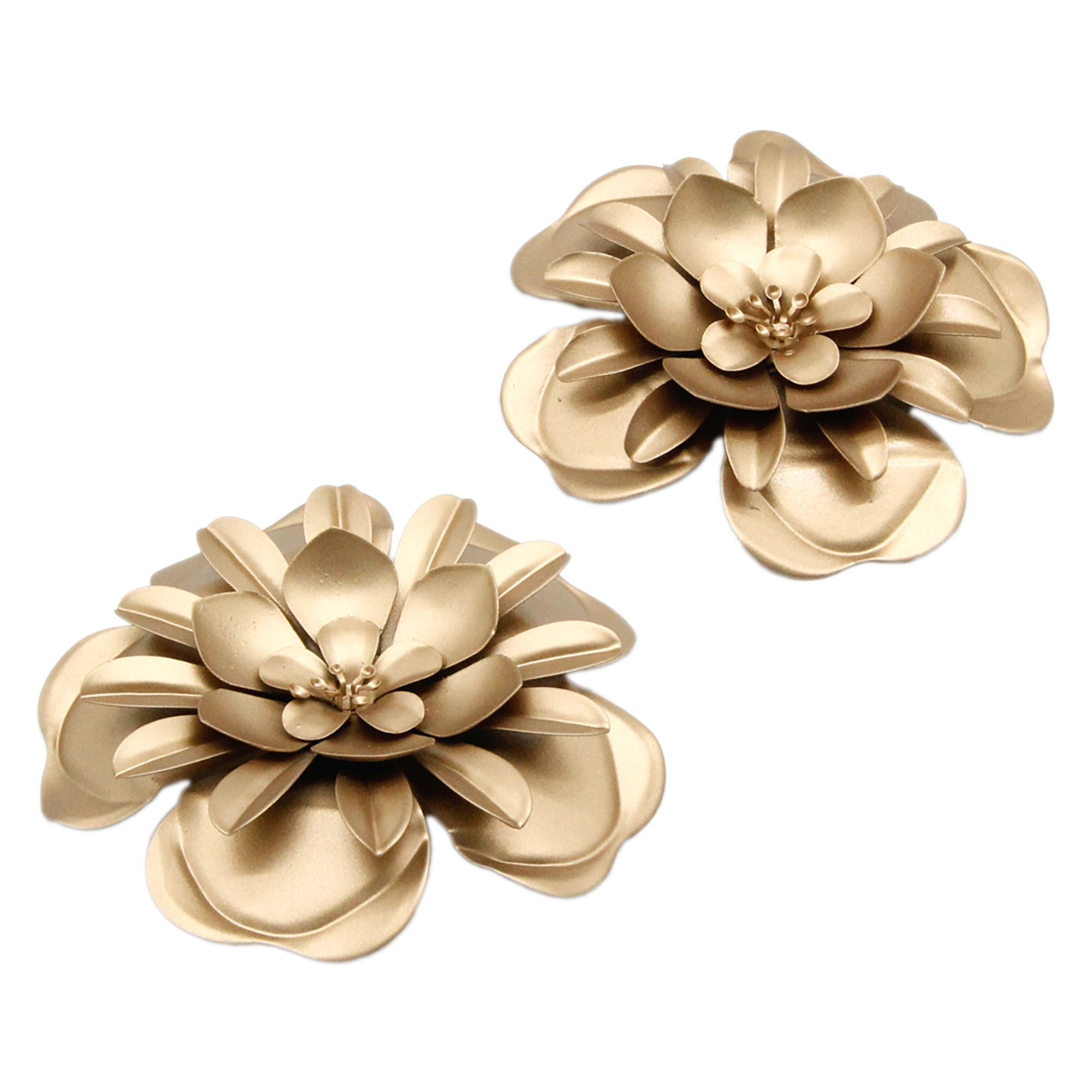 set of 2 metal flower magnets painted gold, 4.25" & 5", embellish anything metal such as lanterns, buckets or frames
