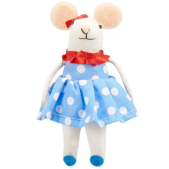 4" x 4" x 4.8" felt white mouse wearing a patriotic blue with white dots dress and red bow on one ear