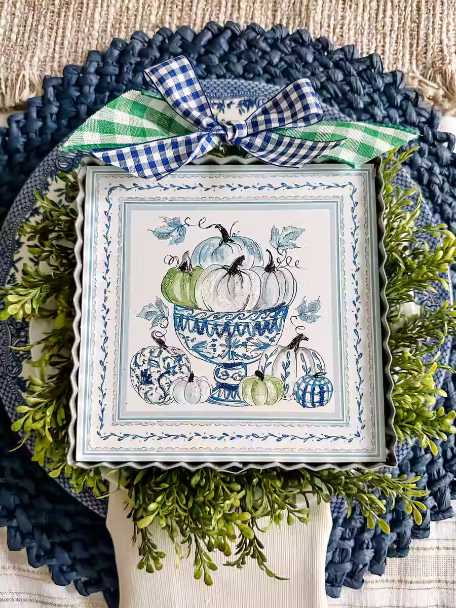 6" x 1" x 7" Round Top Collection print of blue bowl of white pumpkins, corrugated metal frame, ring on top for hanging