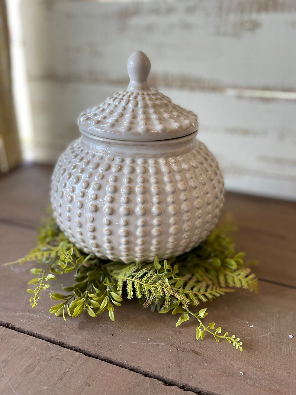 Thumbnail: Cream Dotted Glazed ceramic Jar with lid. 7.75 x 9 in