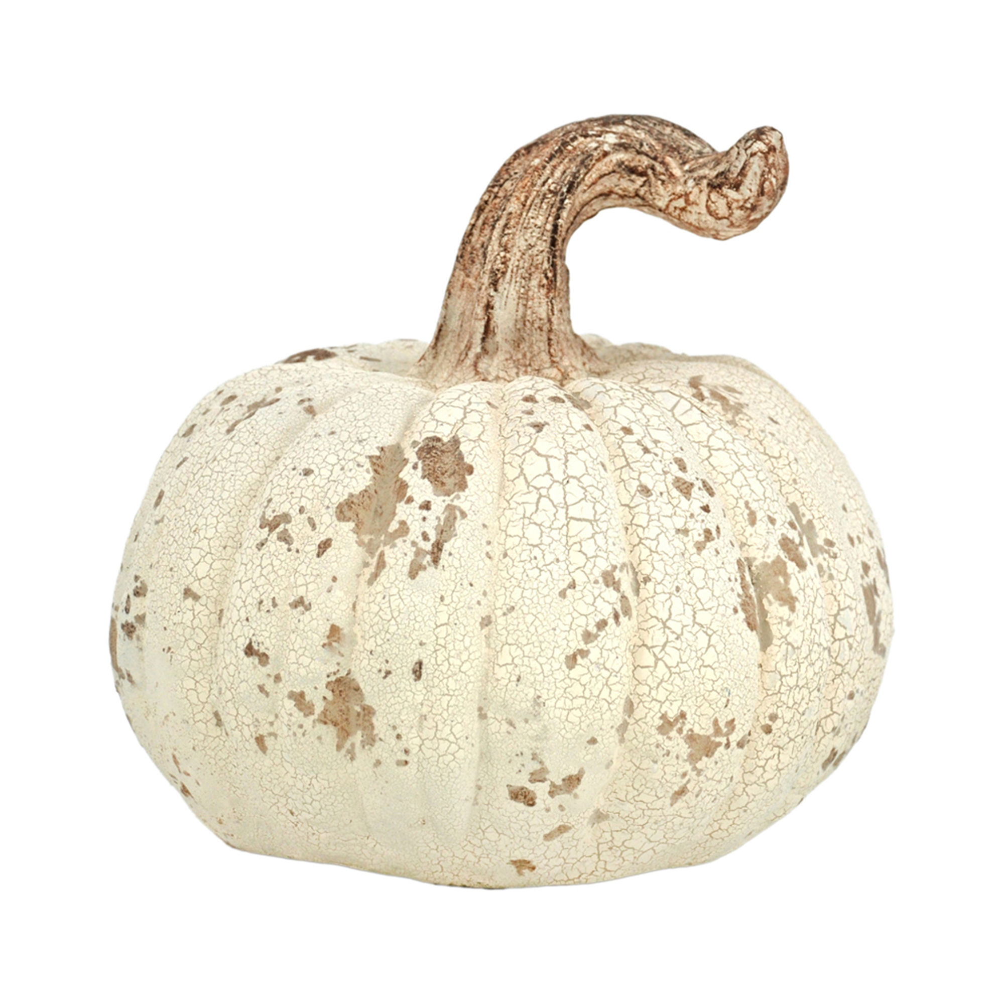 10.5" x 10" pottery pumpkin with twisted stem, white textured crackle finish, fall tabletop decor
