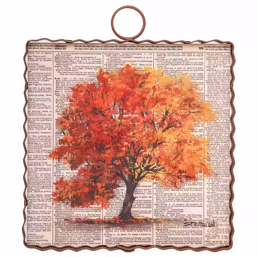 6" x 1" x 7" Round Top Collection print of a book page painted with a fall tree, corrugated metal frame, ring on top to hang