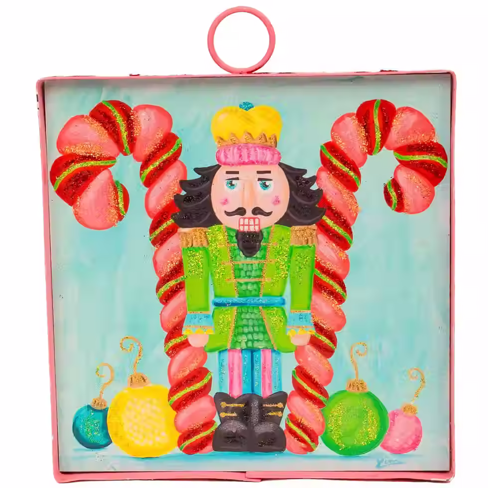 6" x 7" x 1" Round Top Collection print of a nutcracker & candy canes, corrugated metal frame, use alone or w/ Round Top base