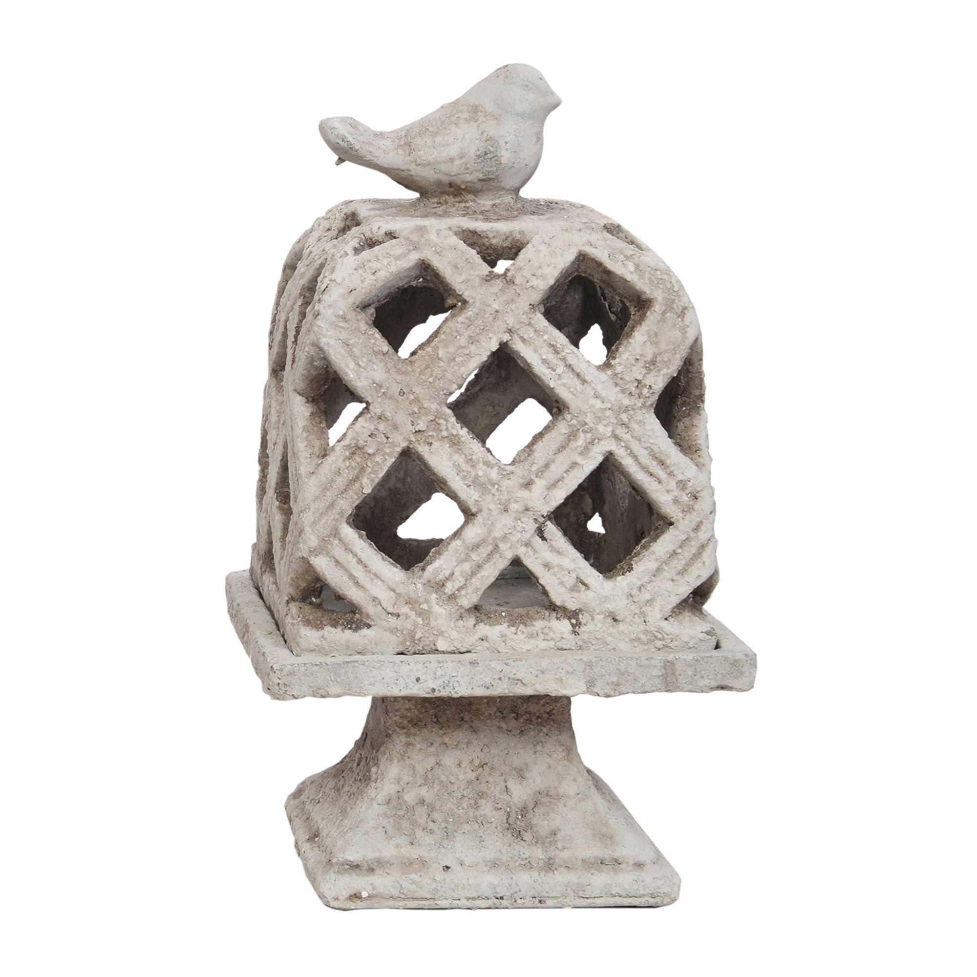 12" x 7" x 7" cement lattice cutout cloche on a cement pedestal base, bird on top of cloche