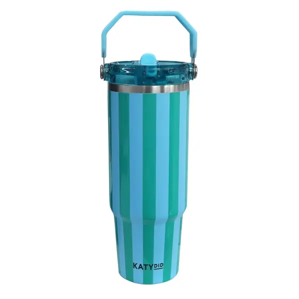 Aqua & Green striped stainless-steel interior 30oz tumbler, flip top straw, screw on lid w/handle, dishwasher safe