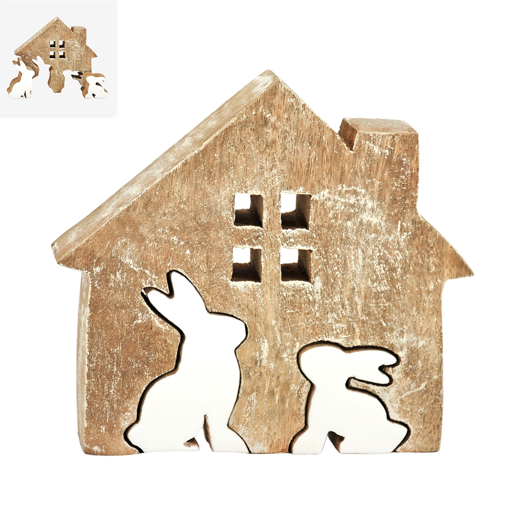 7" x 6" wood block house with cutout wood bunnies with white enamel fronts, display with bunnies in cutouts or out